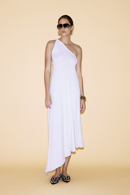 One Shoulder White Rib Midi Dress