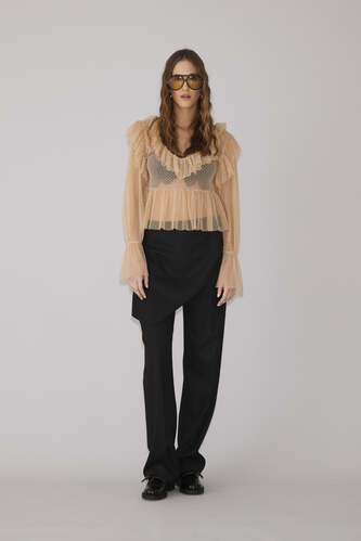 Beige Mesh Blouse With Ruffles - PNK Casual