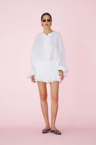 White Cotton Oversized Shirt With Ruffled Detail - PRESPRING25 - PNK Casual