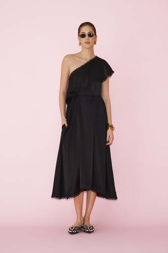 One Shoulder Black Viscose Midi Dress - PRESPRING25 - PNK Casual